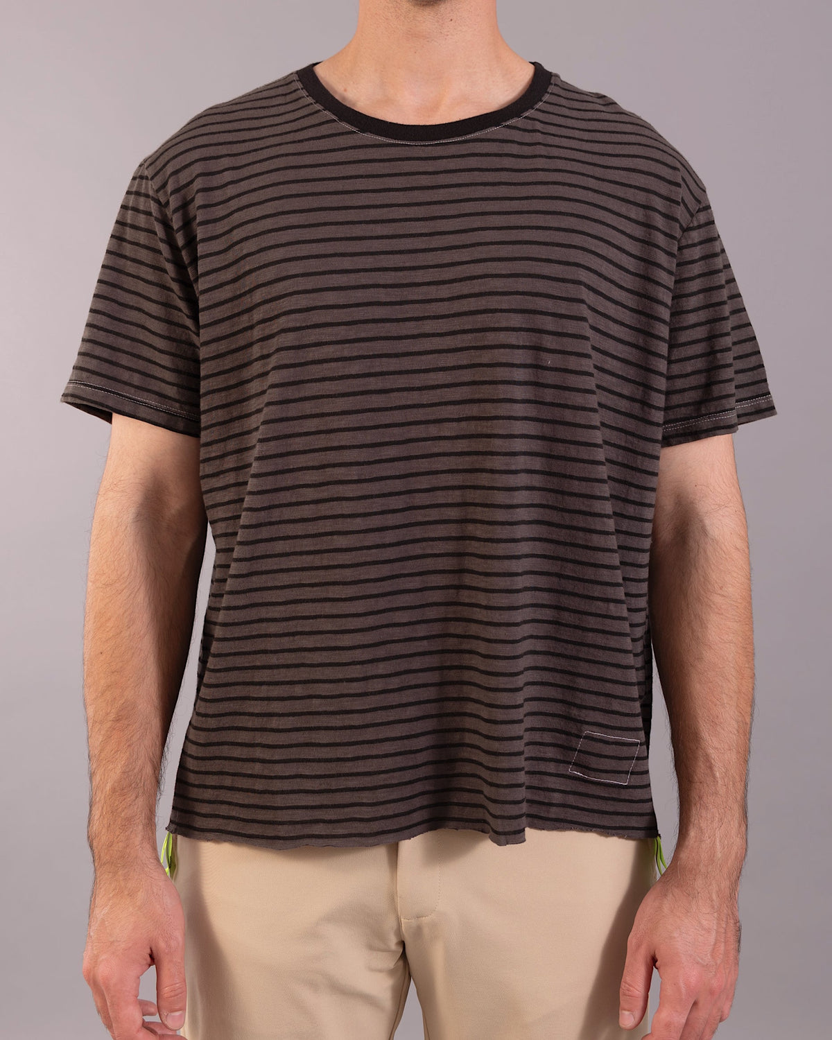 經典條紋短袖上衣｜灰／螢光黃