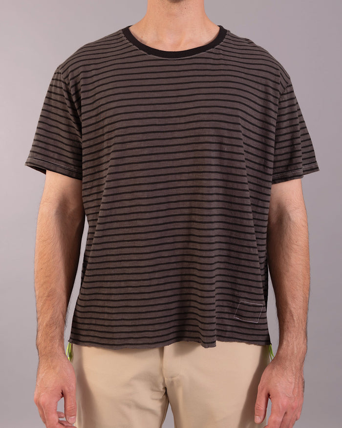 經典條紋短袖上衣｜灰／螢光黃