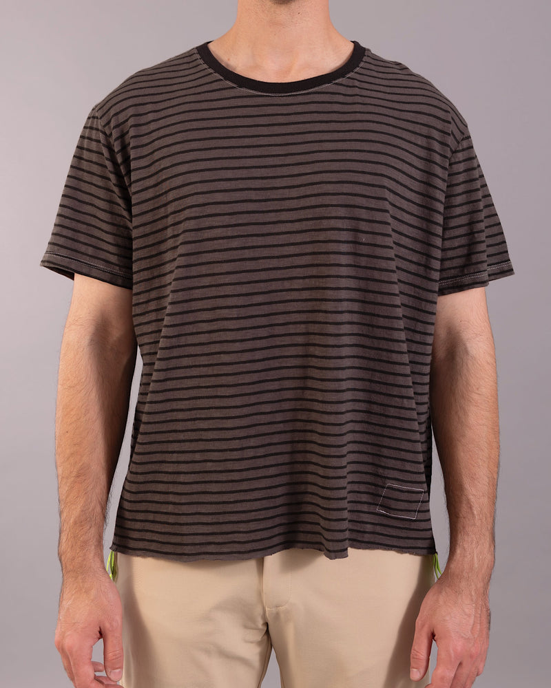 經典條紋短袖上衣｜灰／螢光黃