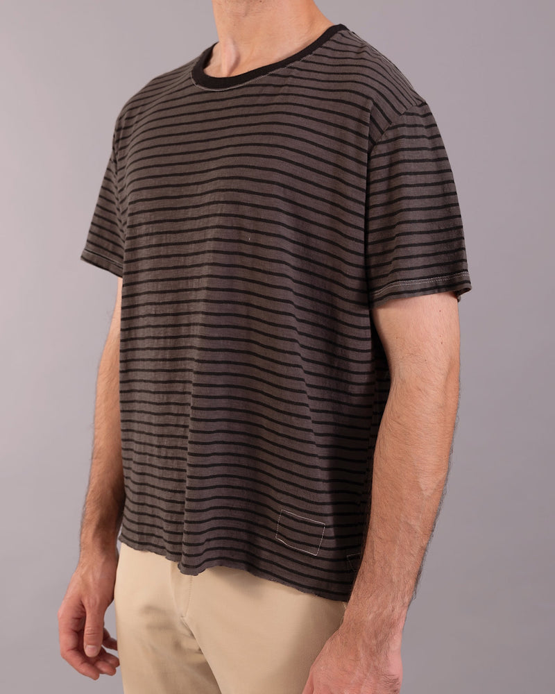 經典條紋短袖上衣｜灰／螢光黃